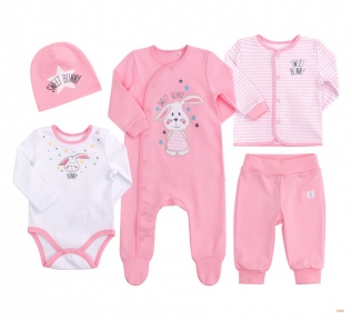 Детский комплект с пяти предметов для новорожденных КП 218 Бемби интерлок розовый-белый-рисунок