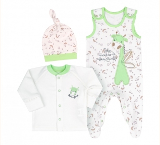 Детский комплект КП 219 на новорожденных с трех предметов в подарочной упаковке Бемби интерлок  молочный-зеленый-рисунок