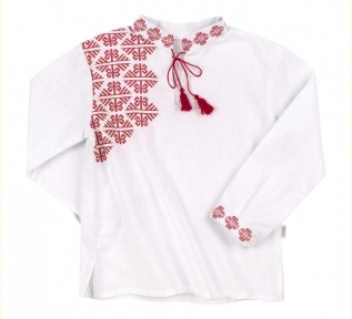 Детская этно-рубашка вышиванка для мальчика с длинным рукавом РБ 136 Бемби территон белый-красный